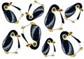 A pattern of penguins of different sizes randomly scattered on a white background.