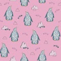 Vector seamless pattern with polygonal penguins in the Scandinavian style Royalty Free Stock Photo