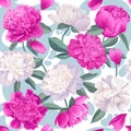 Floral seamless pattern with pink and white peonies on color splashes and spots.