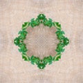 Pattern from the photo, square - wreath of green ivy on cotton fabric. Beige gauze