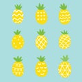 The pattern of pineapple. the backgroung of pineapple on the blue color .many type of pineapple hand draw cute pineapple in flat