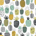 Seamless vector pattern with hand drawn doodle pineapples. Background with pineapples of different textures and ornaments Royalty Free Stock Photo