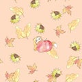 Pattern on a pink background Girl fox wolf bites an apple, maple oak leaves, chestnut, nutlet. Watercolor and liner Royalty Free Stock Photo