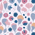 The pattern of pink and blue flowers and leaves. AI-generated. Royalty Free Stock Photo
