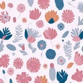 The pattern of pink and blue flowers and leaves. AI-generated. Royalty Free Stock Photo