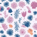 The pattern of pink and blue flowers and leaves. AI-generated. Royalty Free Stock Photo