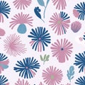 The pattern of pink and blue flowers and leaves. AI-generated. Royalty Free Stock Photo