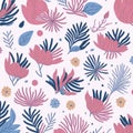 The pattern of pink and blue flowers and leaves. AI-generated. Royalty Free Stock Photo