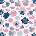 The pattern of pink and blue flowers and leaves. AI-generated. Royalty Free Stock Photo
