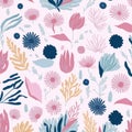 The pattern of pink and blue flowers and leaves. AI-generated. Royalty Free Stock Photo