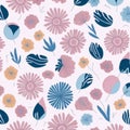 The pattern of pink and blue flowers and leaves. AI-generated. Royalty Free Stock Photo