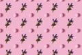 Pattern of pink Easter eggs and spring flovers over pink background