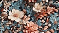 layered pattern texture with pink and cream flowers, blue leaves and stems