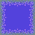 Pattern of pink flowers and green leaves on bright blue background. Decorative frame.