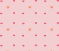 Pattern of pink hearts and golden yellow crowns on a light pink background, vector image Royalty Free Stock Photo