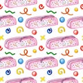 Pattern pink pencil case and doodle figurines watercolor Royalty Free Stock Photo