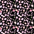 Pattern of pink rabbits flowers and Easter eggs black background Royalty Free Stock Photo