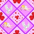 Pattern with cartoon hearts and cupid