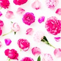 Pattern with pink rose flowers, petals and peonies on white background Royalty Free Stock Photo