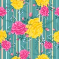 Pattern with pink and yellow roses on a green