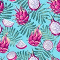 Seamless Pattern with Dragon Fruit and Palm Leaves