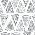 Pattern pizza slices hand drawing in doodle style isolated on white background. Doodle pattern drawing cut pizza top Royalty Free Stock Photo