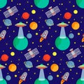 Pattern plate space, planets and stars. Vector illustration on a blue background. Royalty Free Stock Photo