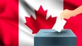 Male hand puts down a white sheet of paper with a mark as a symbol of a ballot paper against the background of the Canada flag, Ca Royalty Free Stock Photo