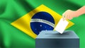 Male hand puts down a white sheet of paper with a mark as a symbol of a ballot paper against the background of the Brazil flag, Br