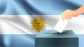 Male hand puts down a white sheet of paper with a mark as a symbol of a ballot paper against the background of the Argentina flag,