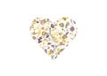 A pattern of pressed dried flowers of field plants in the shape of a heart. Mockup for greeting card for valentine's