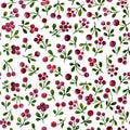 Seamless pattern with branches of lingonberry, painted in watercolor.