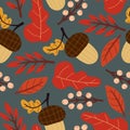Seamless pattern with cartoon acorn, leaves, decoration elements. Forest, vector flat style. nature theme. hand drawing. Royalty Free Stock Photo
