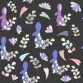 Pattern of rabbit, leaves and flowers, colored hearts