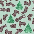 pattern with rabbit. Rabbit and fir-trees, for printing on fabric, paper