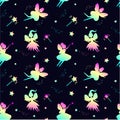 Pattern with rainbow fairy silhouettes and stars. Magic background