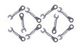 Pattern of Ratchet Wrenches, chromed metal, tool for fixing nuts and bolts. White background isolate