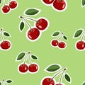 Pattern of red big cherry stickers different sizes with leaves on light green background