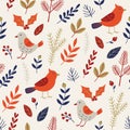 Pattern with red cardinal bird and evergreen plants Royalty Free Stock Photo