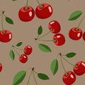 Pattern of red cherry with leaves on brown background