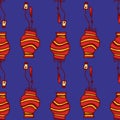 Pattern of red Chinese lanterns. Seamless pattern of hand-drawn Japanese red street lamp with a pattern of stripes of yellow Royalty Free Stock Photo