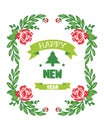 Pattern red flower frame background and green leaves, for greeting card design happy new year. Vector Royalty Free Stock Photo