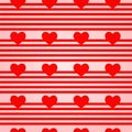 Pattern of red hearts and horizontal stripes on a pale pink background. The hearts Royalty Free Stock Photo