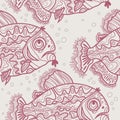 Pattern a red linearly drawn fishes and bubbles