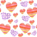 Pattern with red and purple hearts with geometric tracery painted in watercolor on a white background