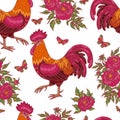 Pattern with red rooster, butterflies and flowers Royalty Free Stock Photo