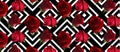 A pattern with red roses with green leaves against a pattern of black rhombuses