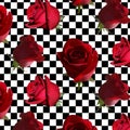 A pattern with red roses with green leaves against a black-and-white cell Royalty Free Stock Photo