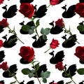 A pattern with red roses with green leaves against a black-and-white Royalty Free Stock Photo