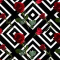 A pattern with red roses with green leaves and a long stem on the pattern of black rhombuses Royalty Free Stock Photo
